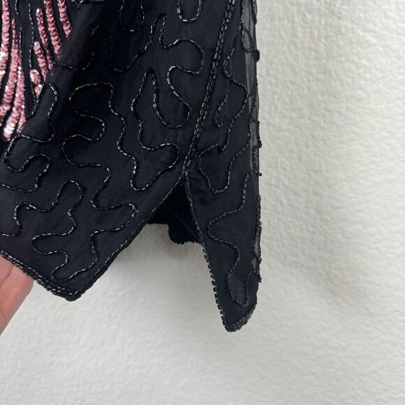 Vintage Elegance By Anujan Beaded Sequin Short Sleeve Silk Blouse Black Medium - Picture 7 of 15